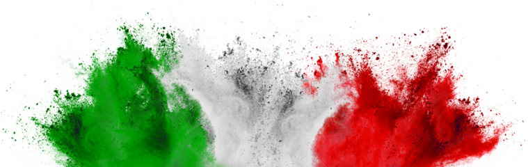 colorful italian flag green white red color holi paint powder explosion isolated background. Italy europe celebration soccer tourism concept.