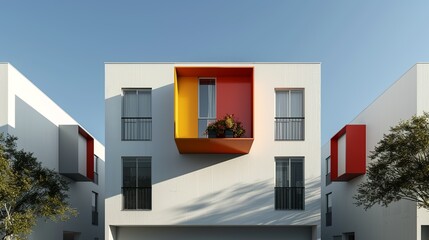 Exterior view of a residential neighborhood with modern townhouses and colorful balconies, creating a lively and inviting urban environment. Illustration, Image, , Minimalism,