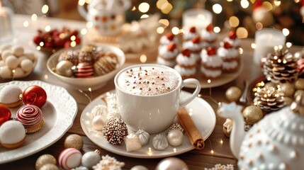 Fototapeta premium Festive holiday table with hot cocoa and Christmas treats