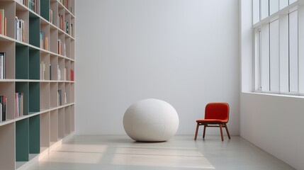 Interior of a minimalist library with sleek bookshelves and colorful reading nooks, promoting learning and relaxation in a modern setting. Illustration, Image, , Minimalism,