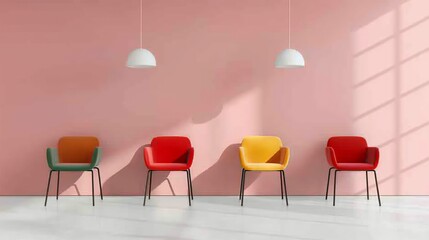 Obraz premium Interior of a modern cafeteria with clean lines and colorful seating arrangements, providing a vibrant dining experience for patrons. Illustration, Image, , Minimalism,