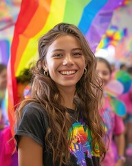 A young woman with long brown hair smiles in front of a rainbow flag. She is wearing a black t-shirt and has a rainbow necklace on.