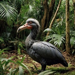 Obraz premium A Grey-Feathered Bird Standing in a Tropical Forest
