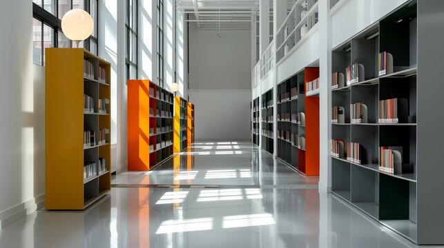 Architectural detail of a modern library interior with sleek shelves and colorful reading areas, promoting simplicity and vibrancy. Illustration, Image, , Minimalism,