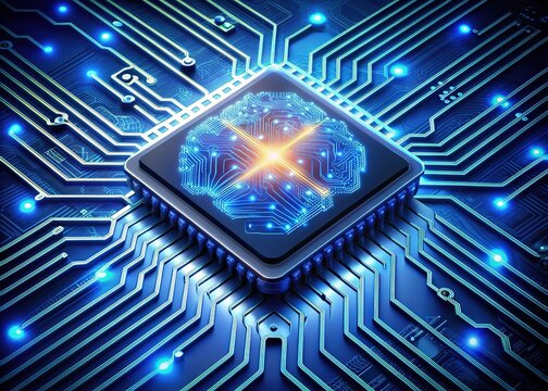 A futuristic, high-tech, sleek central processing unit with glowing blue circuits, wires, and microchips, representing the brain of a powerful computer system.