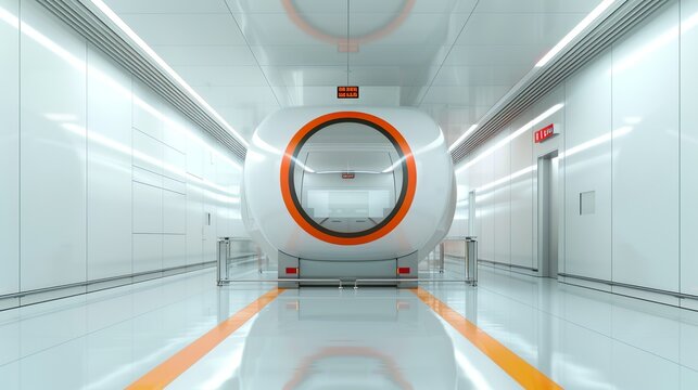 Architectural perspective of a futuristic airport terminal with an uncomplicated design and colorful signage, ensuring efficient passenger flow. Illustration, Image, , Minimalism,