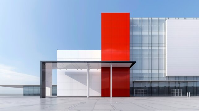 Architectural perspective of a modern convention center with uncomplicated design and colorful event spaces, hosting vibrant gatherings. Illustration, Image, , Minimalism,