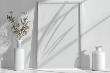 Minimalist white decor with vases and empty photo frame
