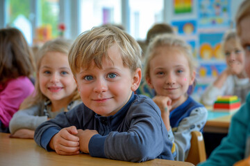 Obraz premium Happy children in a bright, colorful classroom setting.