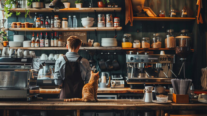Furry family members allowed in cafe. Pet-friendly hotel for cat lovers. Cat and barista portrait