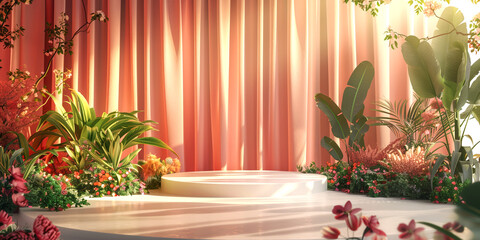 Circular podium is surrounded by flowers and plants, warm colors, sunlight shining through the curtains, spring atmosphere, pastel tones, pink stage background, product display scene