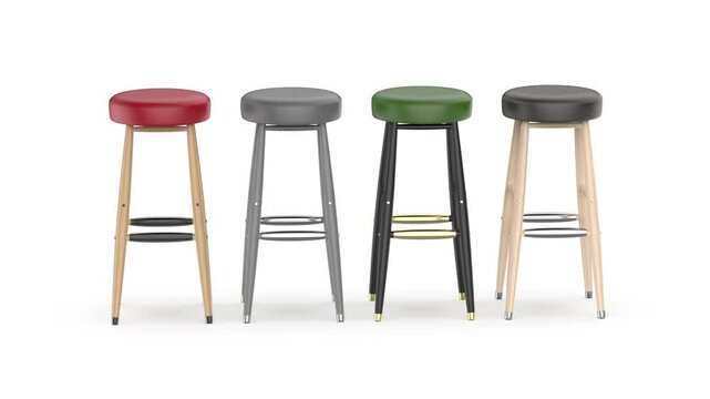 Row with four different wooden bar stools on a white background
