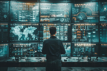 A man is looking at a computer monitor with many screens