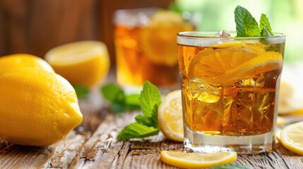 Refreshing iced tea with lemon slices and mint leaves on a wooden table