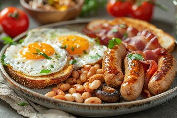 A traditional English breakfast with bacon, sausages, fried eggs, baked beans, black pudding, grilled tomatoes, and mushrooms, served with a slice of toast.