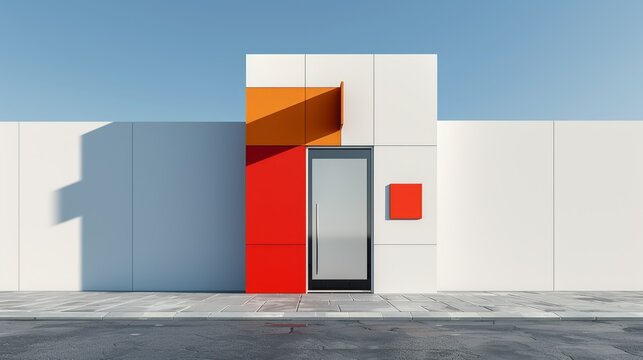 Exterior view of a commercial building with a sleek, uncomplicated design and bold, colorful panels. Illustration, Image, , Minimalism,