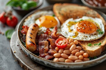 A traditional English breakfast with bacon, sausages, fried eggs, baked beans, black pudding, grilled tomatoes, and mushrooms, served with a slice of toast.