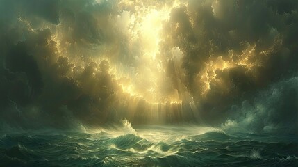 Sunlight breaking through storm clouds at sea