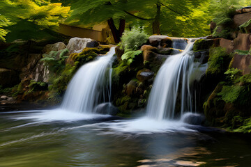 Fototapeta premium A cascading waterfall, a hidden gem within a lush park. Crystal-clear water plunges into a refreshing pool, surrounded by vibrant greenery. A tranquil escape in the heart of nature.