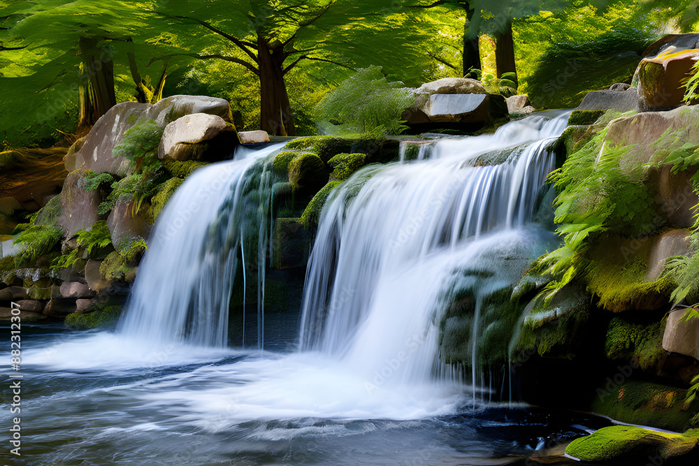 Wall mural a cascading waterfall, a hidden gem within a lush park. crystal-clear water plunges into a refreshin