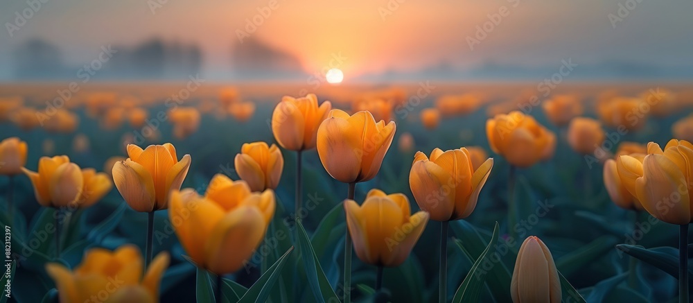 Wall mural Golden Tulips at Sunset in a Field of Blooms