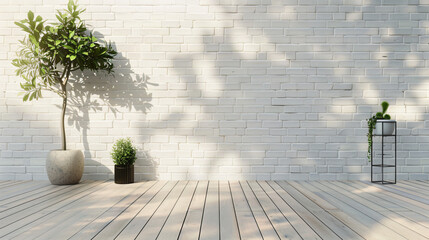 White Brick Wall With Wooden Floor and Plants.