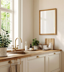Kitchen Interior Design with Gold Accents and Mockup Frame.