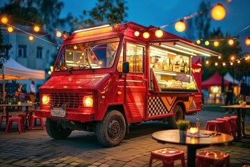 Red food truck parked in a park and surrounded by yellow lights