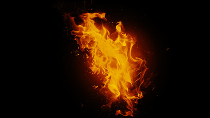 Realistic fire flames isolated on black, intense heat and dynamic movement.