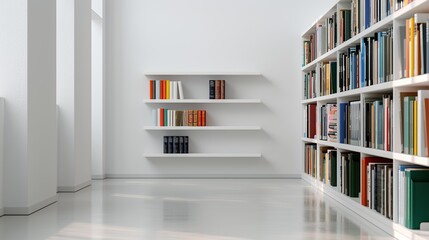 Interior of a contemporary bookstore with minimalist shelving and colorful book displays, creating an inviting atmosphere for readers. Illustration, Image, , Minimalism,