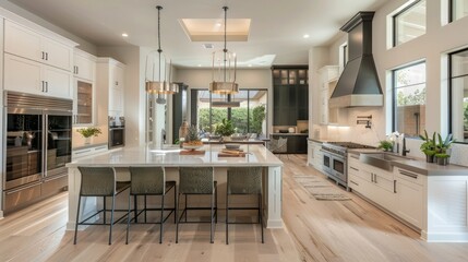 An expansive contemporary modern kitchen layout showcasing luxury finishes, high-end appliances, a large island, and a seamless flow into the dining area.
