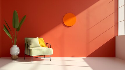 Interior of a contemporary hotel room with simple furnishings and colorful accents, offering guests a stylish and comfortable stay. Illustration, Image, , Minimalism,