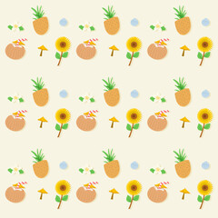 Seamless pattern with flower and fruit. Summer vibes design with yellow background.