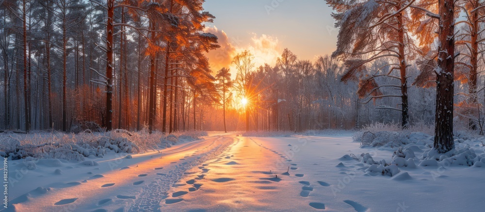 Wall mural Golden Hour in the Snowy Forest