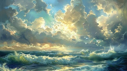 Sunlight breaking through storm clouds at sea