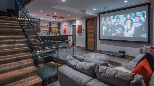 An inviting party room in the basement with a modern bar, glass rail stairs, a large movie screen, a plush grey sofa, and eclectic bohemian decor for an enjoyable gathering space. - Powered by Adobe