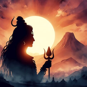 A silhouette of lord shiva standing a with Trident against a sunset background