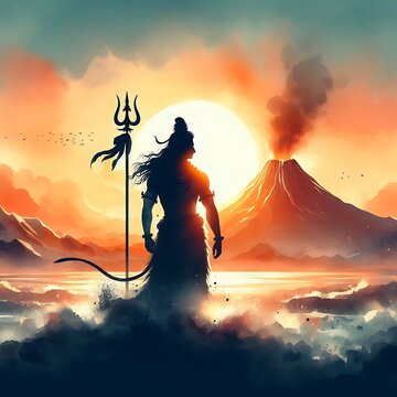 A silhouette of lord shiva standing a with Trident against a sunset background