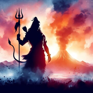 A silhouette of lord shiva standing a with Trident against a sunset background