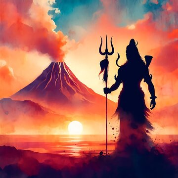 A silhouette of lord shiva standing a with Trident against a sunset background