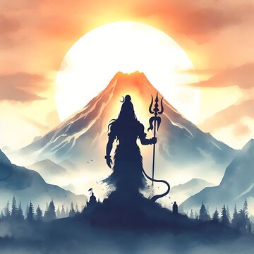 A silhouette of lord shiva standing a with Trident against a sunset background
