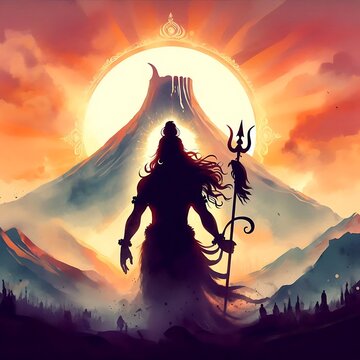 A silhouette of lord shiva standing a with Trident against a sunset background