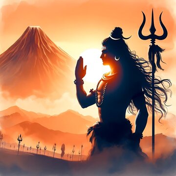 A silhouette of lord shiva standing a with Trident against a sunset background