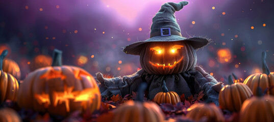 Scarecrow in Autumn Pumpkin Field