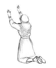 Retro pious devote white veil young poor stress sad jew human repent look sky alm biblic lord Jesus Christ. hand drawn holy humble sorrow crisis trouble teen arab lady happy joy love hope thank praise