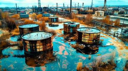 Aerial view of an abandoned industrial site with large rusted tanks surrounded by water and overgrown vegetation.