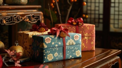 Beautifully wrapped festive gifts adorned with elegant ribbons, set on a wooden table in a traditional setting.