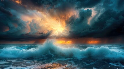 Sunlight breaking through storm clouds at sea