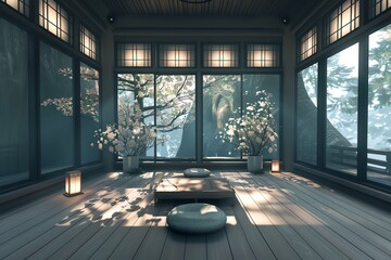 Fototapeta premium Tranquil Japanese tea room with large windows showcasing serene nature views and soft natural light illuminating the minimalist interior.