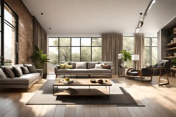 Modern living room with sofa and furniture.